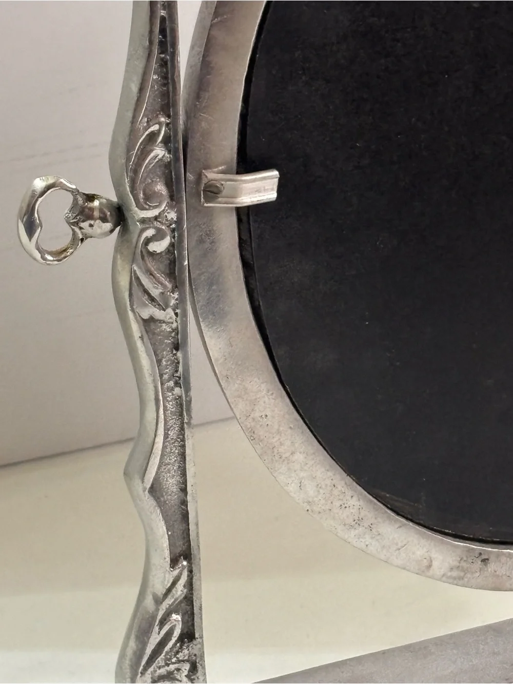 Pewter Silver Ornate Oval Freestanding Vanity Mirror